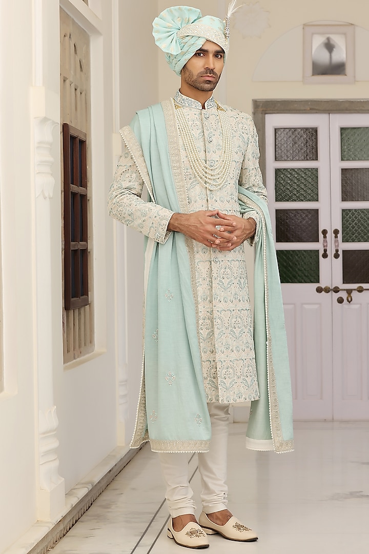 Ivory Jacquard Silk Dabka Hand Embroidered Sherwani Set by Zoop Men