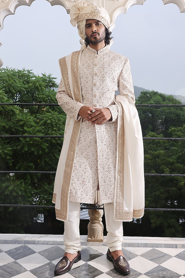 Ivory Jacquard Silk Dabka Hand Embroidered Sherwani Set by Zoop Men