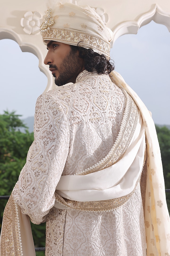 Ivory Jacquard Silk Dabka Hand Embroidered Groom Sherwani Set by Zoop Men at Pernia's Pop Up Shop