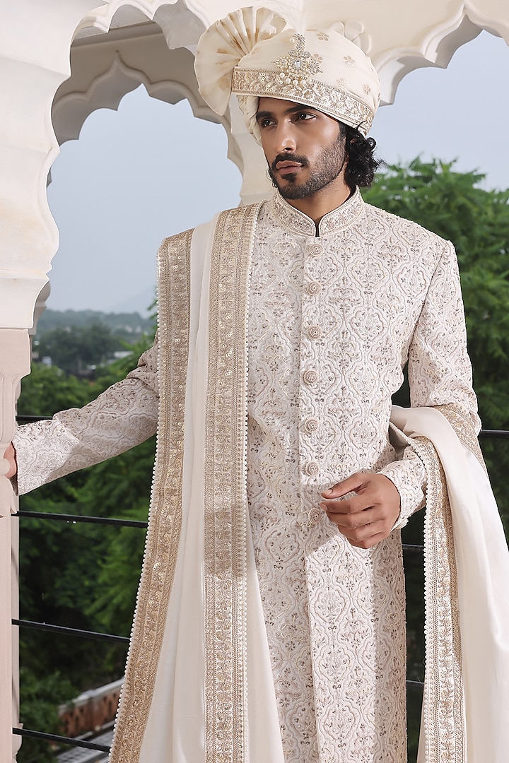 Ivory Jacquard Silk Dabka Hand Embroidered Groom Sherwani Set by Zoop Men at Pernia's Pop Up Shop