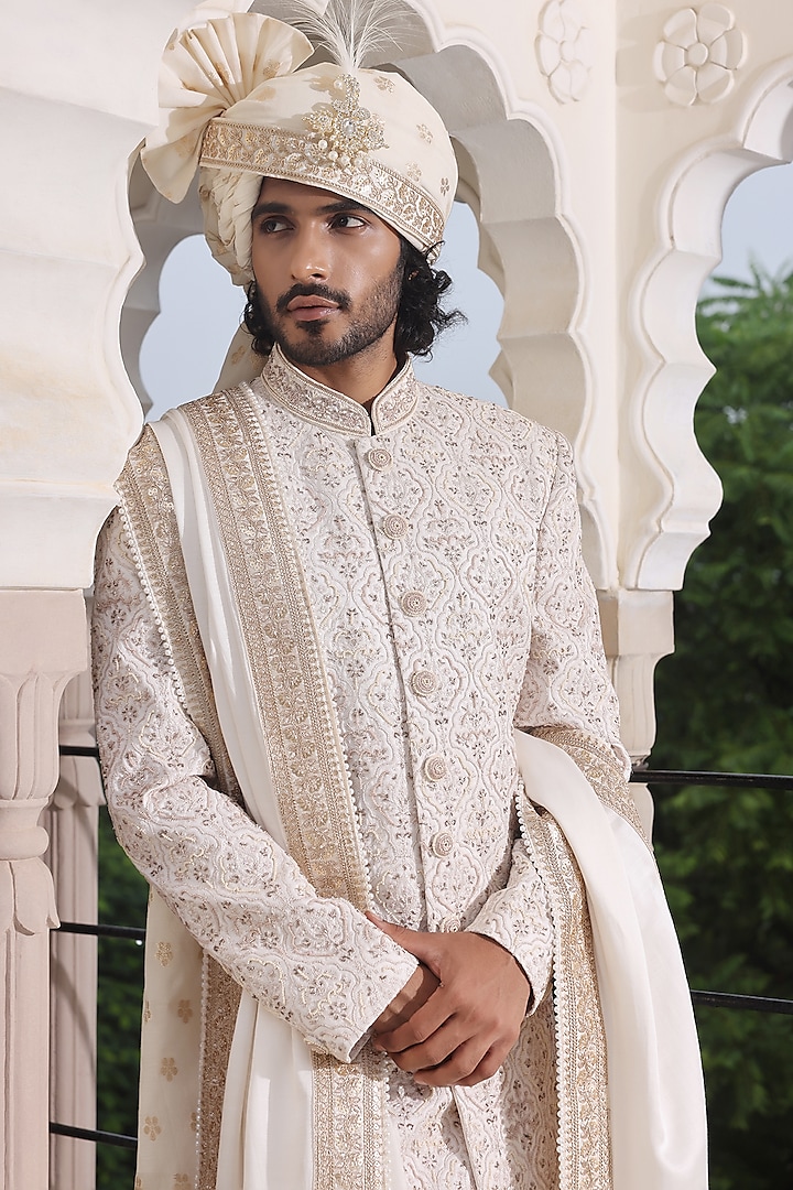 Ivory Jacquard Silk Dabka Hand Embroidered Groom Sherwani Set by Zoop Men at Pernia's Pop Up Shop
