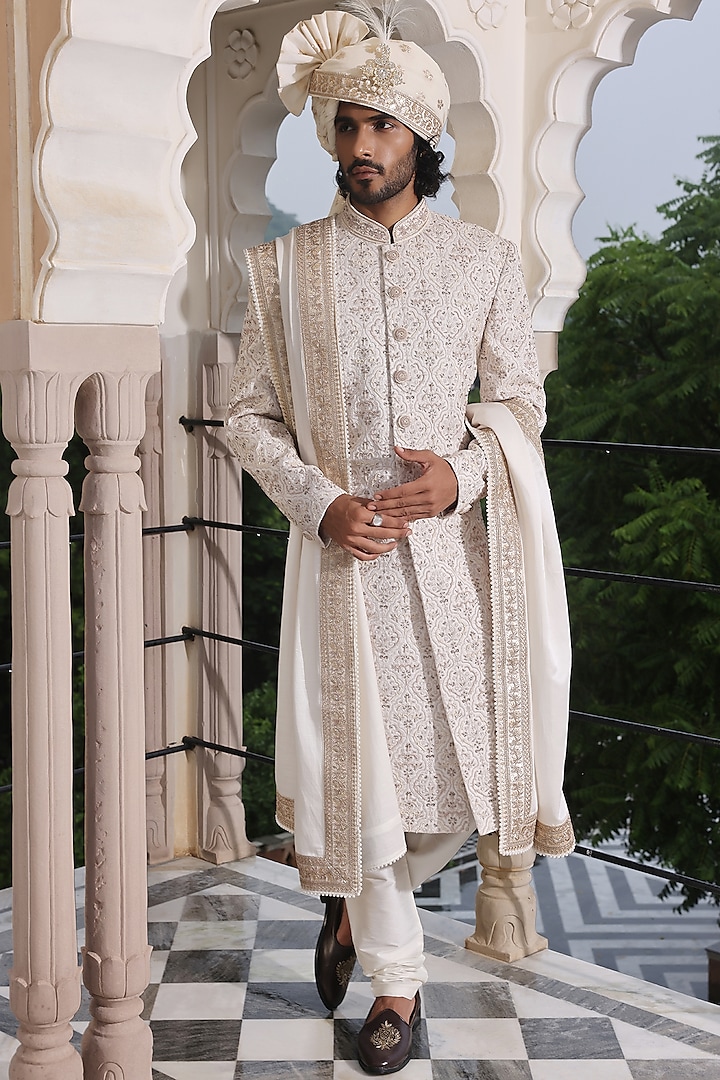 Ivory Jacquard Silk Dabka Hand Embroidered Groom Sherwani Set by Zoop Men at Pernia's Pop Up Shop
