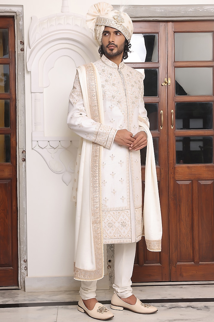 Ivory Pure Raw Silk Dabka Hand Embroidered Sherwani Set by Zoop Men