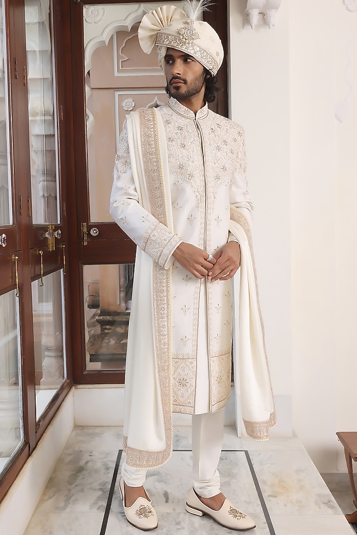Ivory Pure Raw Silk Dabka Hand Embroidered Groom Sherwani Set by Zoop Men at Pernia's Pop Up Shop