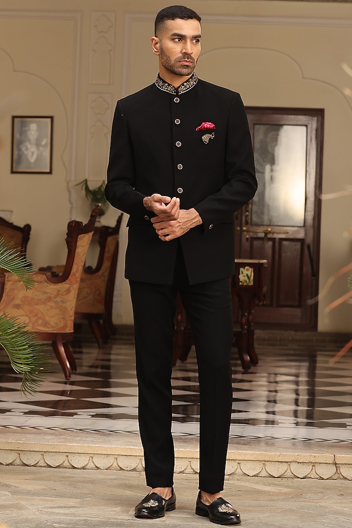 Black Japanese Satin Silk Lycra Bandhgala Set by Zoop Men at Pernia's Pop Up Shop