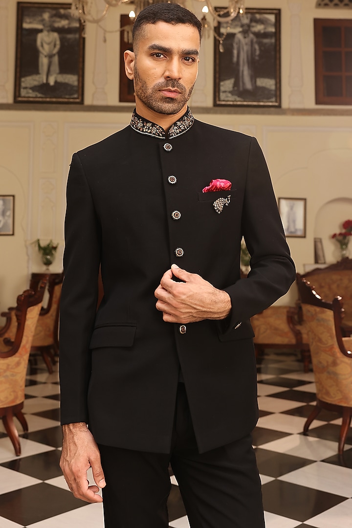 Black Japanese Satin Silk Lycra Bandhgala Set by Zoop Men at