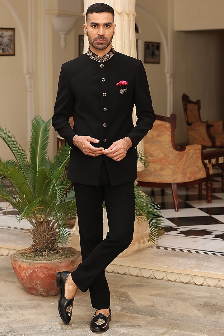 Black Japanese Satin Silk Lycra Bandhgala Set by Zoop Men at Pernia's Pop Up Shop