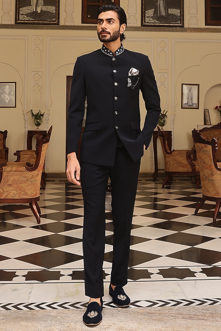 Navy Blue Japanese Satin Silk Lycra Bandhgala Set by Zoop Men