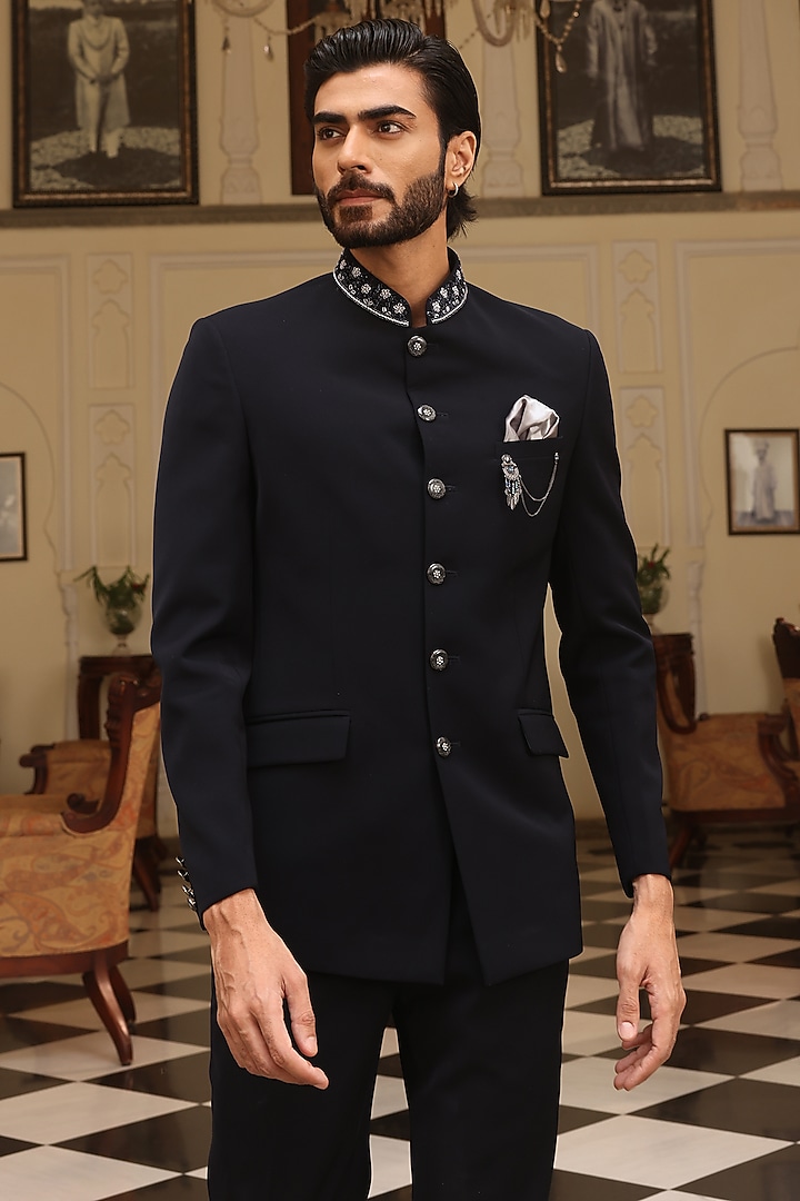 Navy Blue Japanese Satin Silk Lycra Bandhgala Set by Zoop Men at Pernia's Pop Up Shop