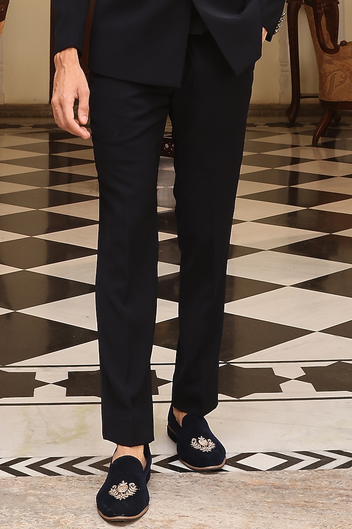 Navy Blue Japanese Satin Silk Lycra Bandhgala Set by Zoop Men at Pernia's Pop Up Shop