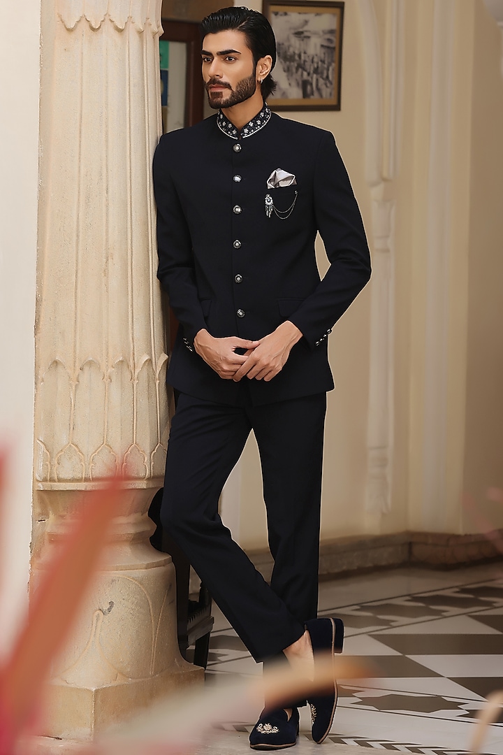 Navy Blue Japanese Satin Silk Lycra Bandhgala Set by Zoop Men at Pernia's Pop Up Shop