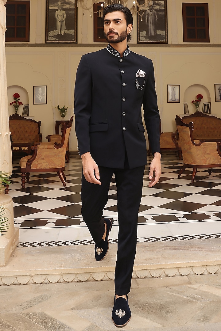 Navy Blue Japanese Satin Silk Lycra Bandhgala Set by Zoop Men at Pernia's Pop Up Shop
