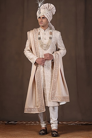 Groom Sherwani Maharaja Dress For Wedding Cream Jacquard Silk