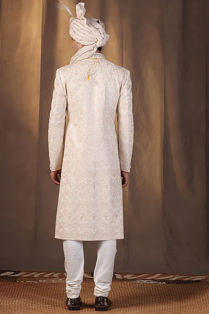 Cream Jacquard Silk Embroidered Groom Sherwani Set by Zoop Men at Pernia's Pop Up Shop