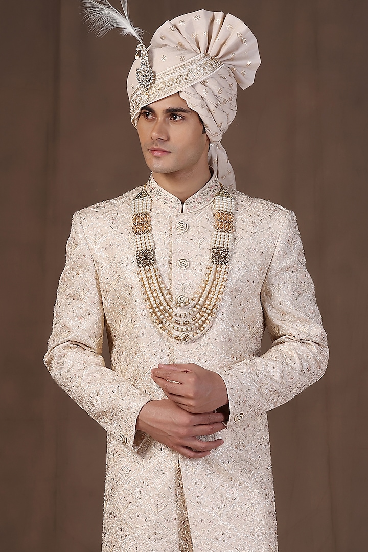 Cream Jacquard Silk Embroidered Groom Sherwani Set by Zoop Men at Pernia's Pop Up Shop