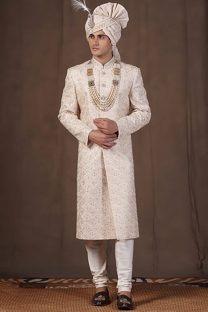 Cream Jacquard Silk Embroidered Groom Sherwani Set by Zoop Men at Pernia's Pop Up Shop