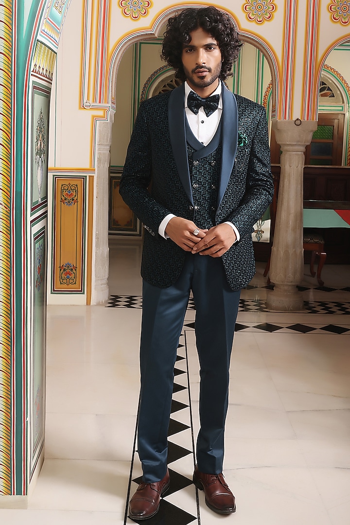 Teal Velvet Jacquard Embroidered Tuxedo Set by Zoop Men