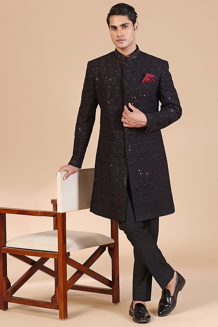 Black Jacquard Hand Embroidered Indo-Western Set by Zoop Men at Pernia's Pop Up Shop