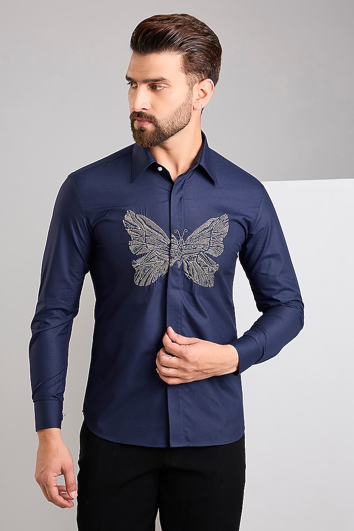 Blue Cotton Satin Hand Embroidered Party Wear Shirt by Zoop Men at Pernia's Pop Up Shop
