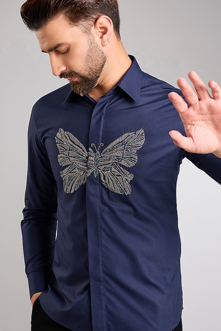 Blue Cotton Satin Hand Embroidered Party Wear Shirt by Zoop Men at Pernia's Pop Up Shop