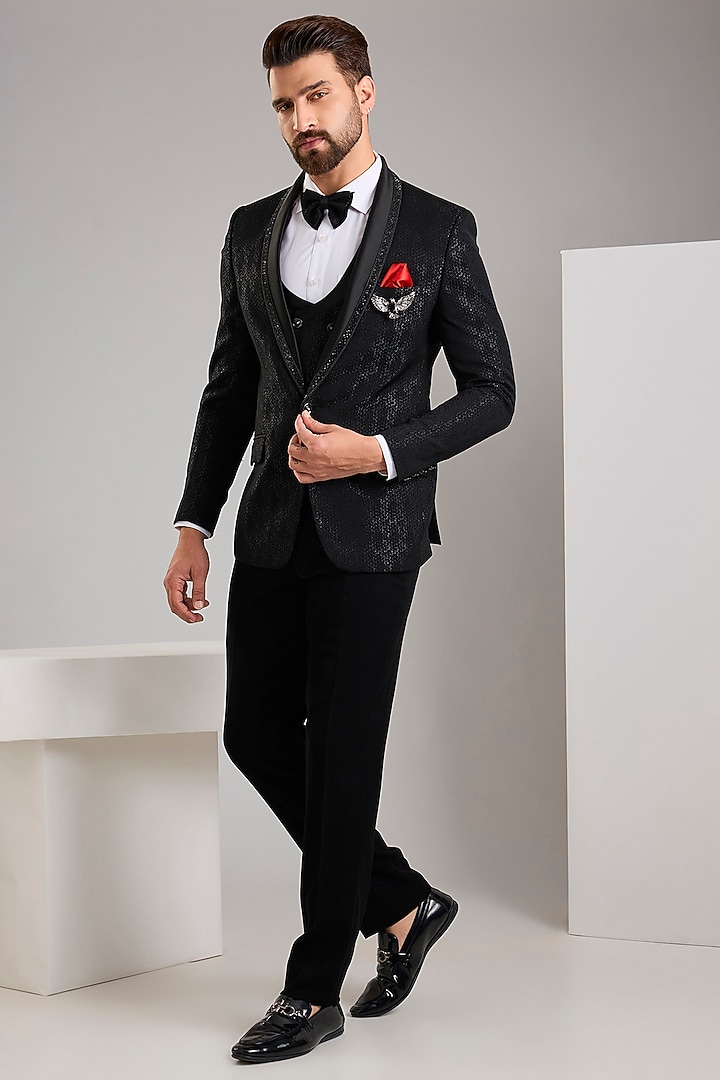 Black Jacquard Tuxedo Set by Zoop Men at Pernia's Pop Up Shop