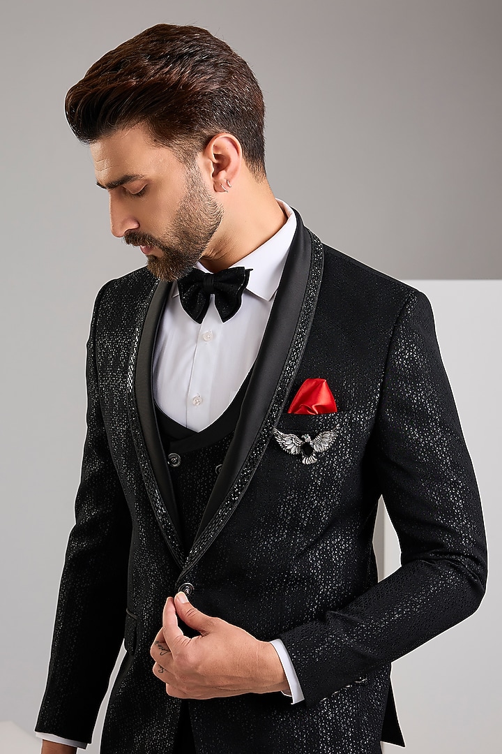 Black Jacquard Tuxedo Set by Zoop Men at Pernia's Pop Up Shop