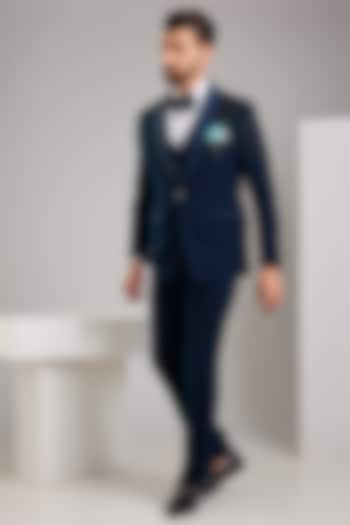 Teal Japanese Stretch Fabric Hand Embroidered Tuxedo Set by Zoop Men at Pernia's Pop Up Shop