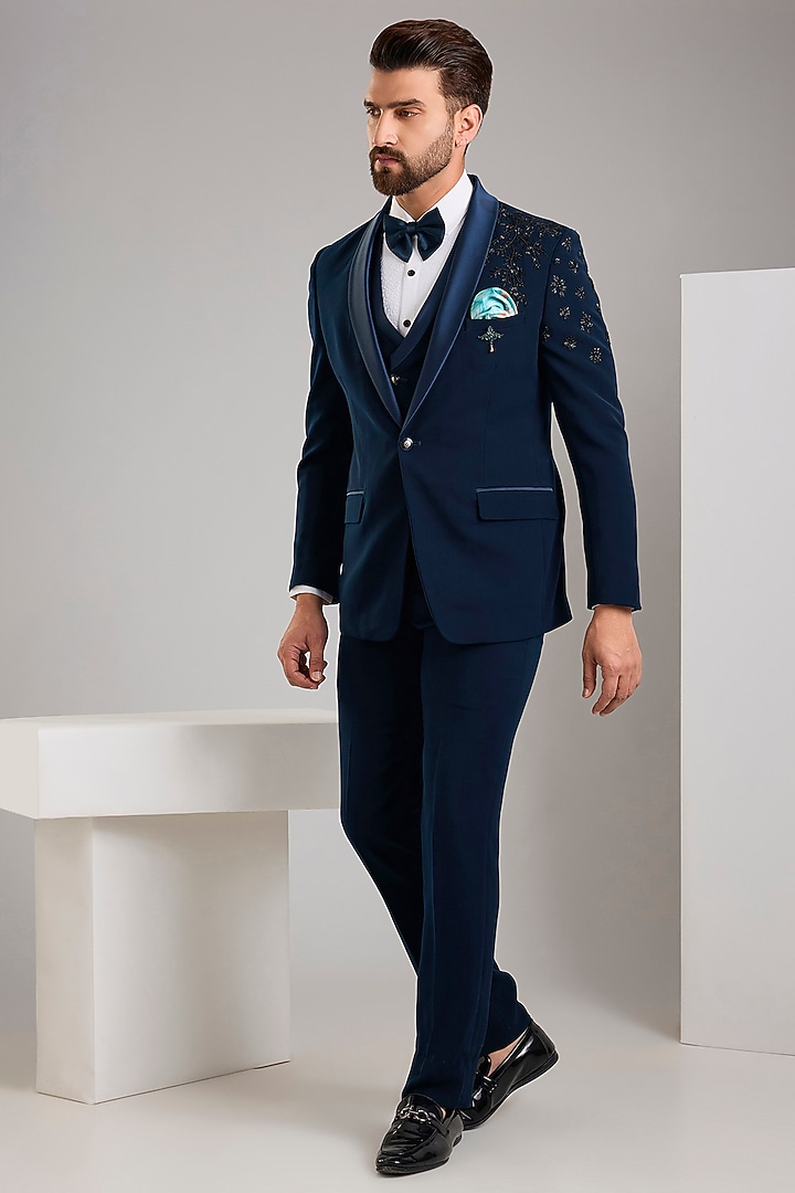 Teal Japanese Stretch Fabric Hand Embroidered Tuxedo Set by Zoop Men at Pernia's Pop Up Shop