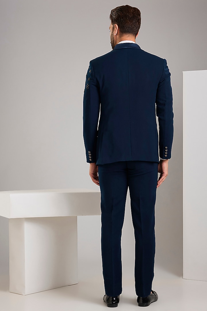 Teal Japanese Stretch Fabric Hand Embroidered Tuxedo Set by Zoop Men at Pernia's Pop Up Shop