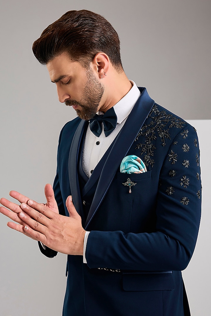 Teal Japanese Stretch Fabric Hand Embroidered Tuxedo Set by Zoop Men at Pernia's Pop Up Shop