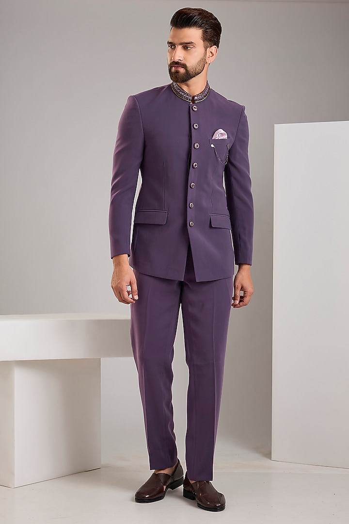 Purple Japanese Stretch Bandhgala Set by Zoop Men at Pernia's Pop Up Shop