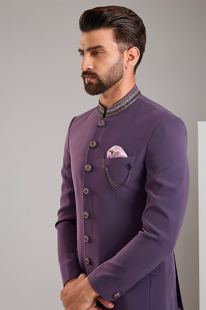 Purple Japanese Stretch Bandhgala Set by Zoop Men at Pernia's Pop Up Shop
