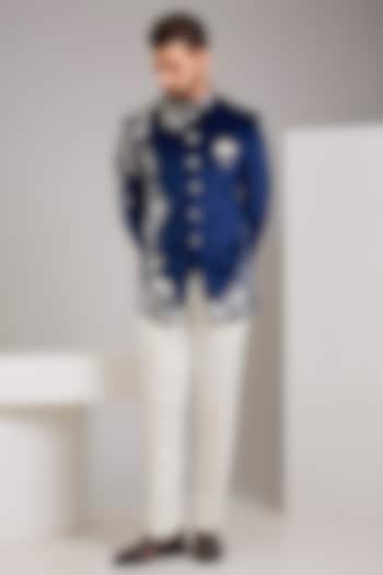 Blue Cotton Velvet Threadwork Wedding Bandhgala Set by Zoop Men at Pernia's Pop Up Shop