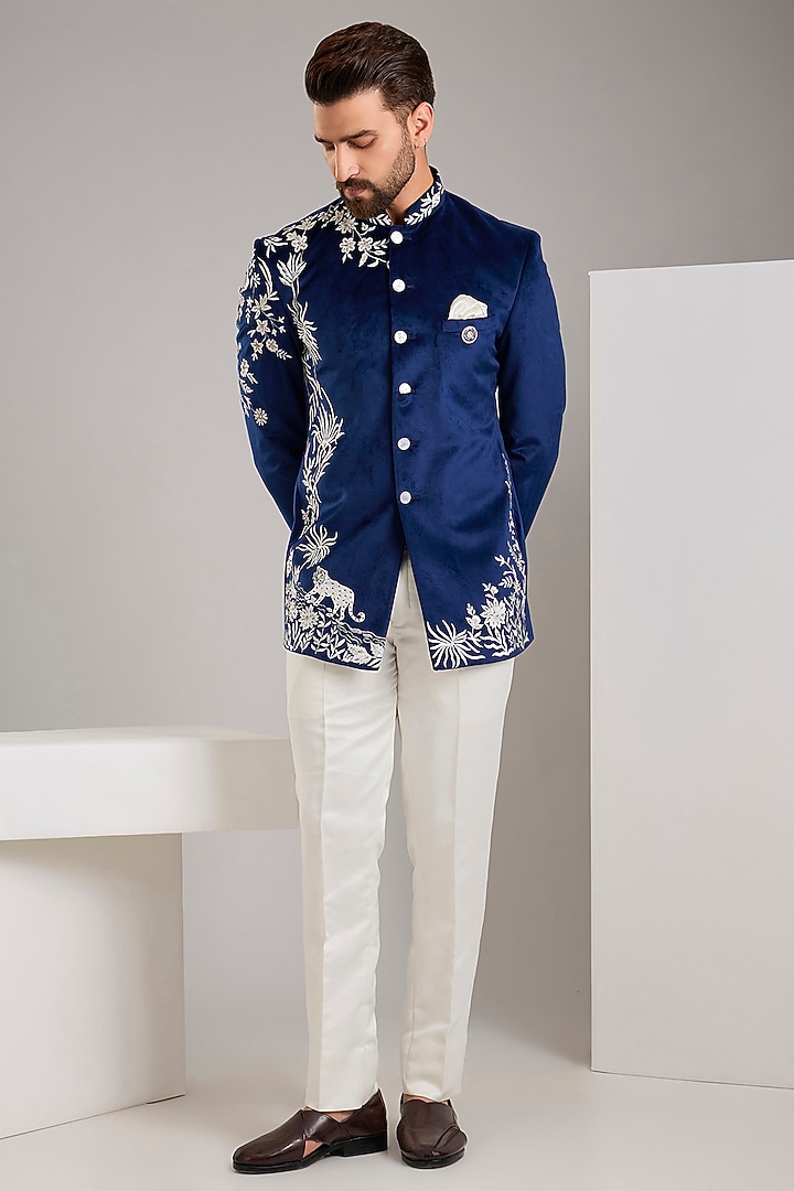 Blue Cotton Velvet Threadwork Wedding Bandhgala Set by Zoop Men at Pernia's Pop Up Shop