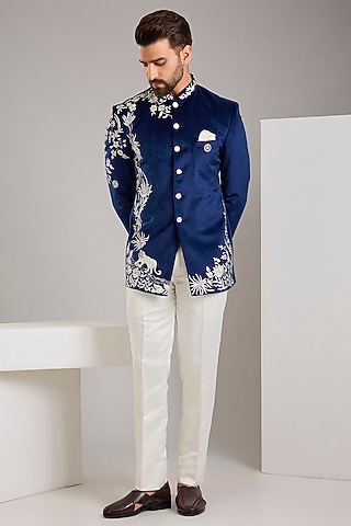 Blue Cotton Velvet Threadwork Bandhgala Set by Zoop Men