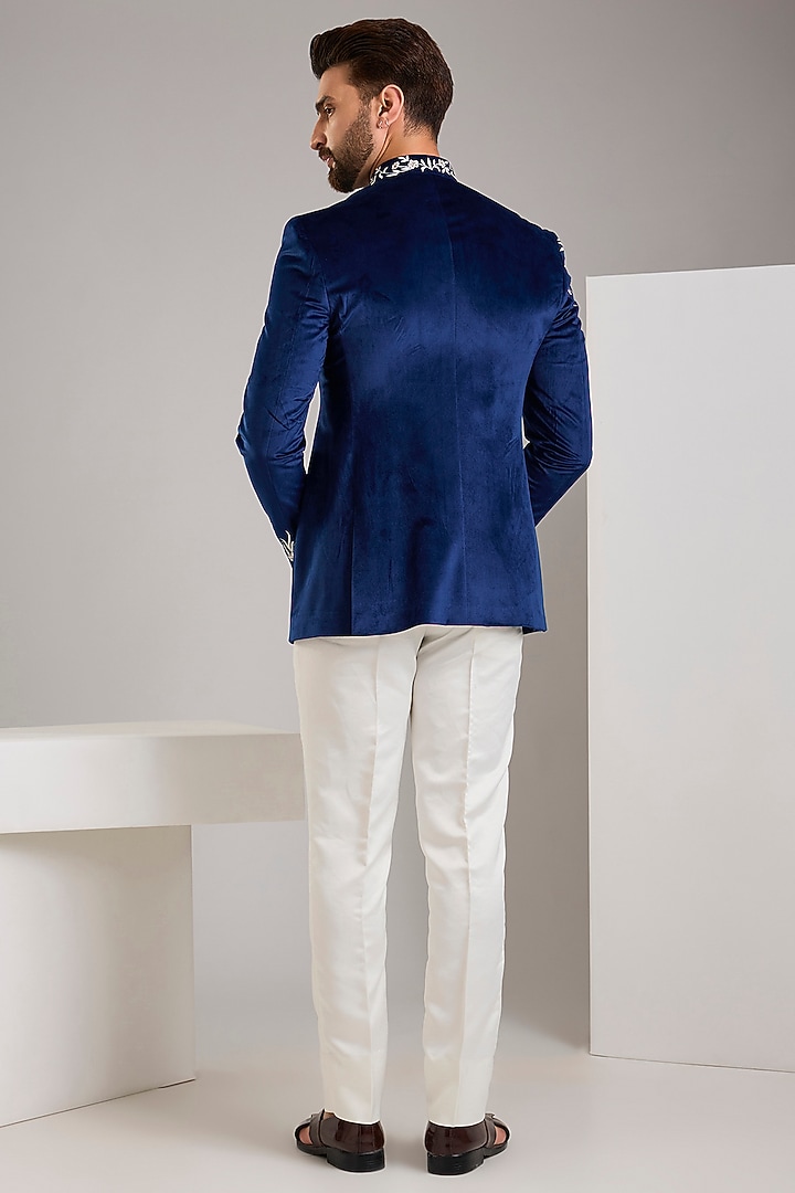 Blue Cotton Velvet Threadwork Wedding Bandhgala Set by Zoop Men at Pernia's Pop Up Shop