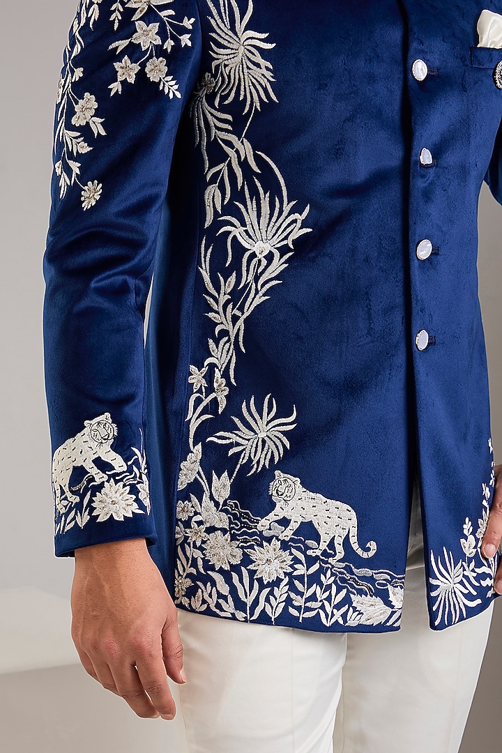 Blue Cotton Velvet Threadwork Wedding Bandhgala Set by Zoop Men at Pernia's Pop Up Shop