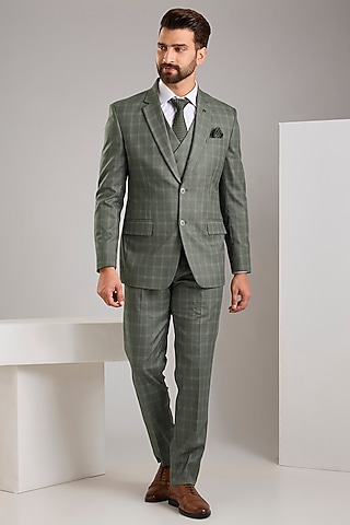 Green Terry Rayon Checkered Jacket Set by Zoop Men