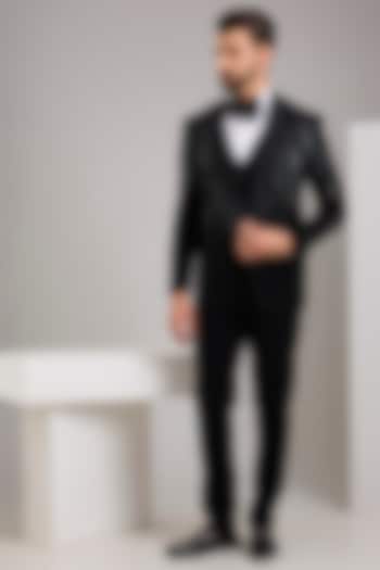 Black Japanese Stretch Fabric Hand Embroidered Tuxedo Set by Zoop Men at Pernia's Pop Up Shop