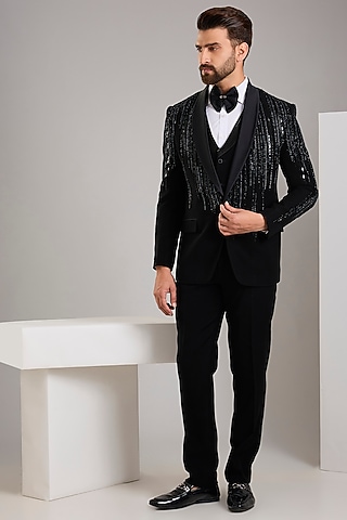 Black Japanese Stretch Fabric Hand Embroidered Tuxedo Set by Zoop Men