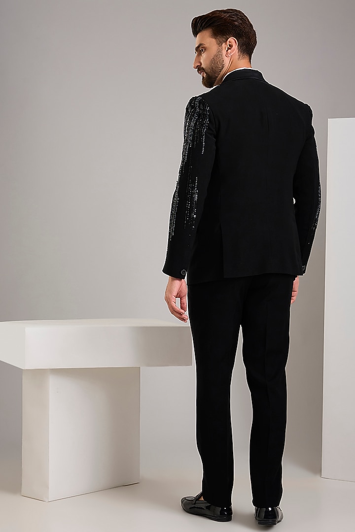 Black Japanese Stretch Fabric Hand Embroidered Tuxedo Set by Zoop Men at Pernia's Pop Up Shop