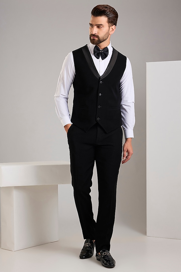 Black Japanese Stretch Fabric Hand Embroidered Tuxedo Set by Zoop Men at Pernia's Pop Up Shop