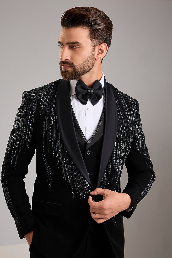 Black Japanese Stretch Fabric Hand Embroidered Tuxedo Set by Zoop Men at Pernia's Pop Up Shop
