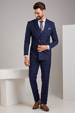 Blue Terry Rayon Double-Breasted Blazer Set by Zoop Men