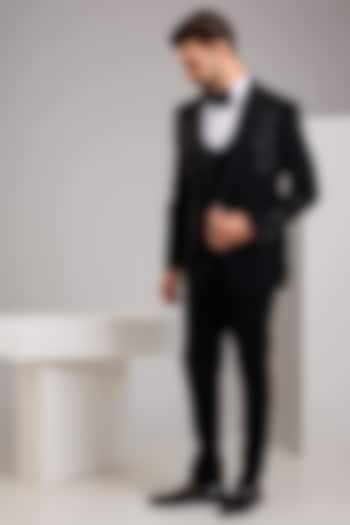 Black Japanese Stretch Fabric Hand Embroidered Tuxedo Set by Zoop Men at Pernia's Pop Up Shop