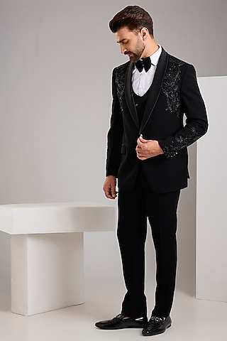 Black Japanese Stretch Fabric Hand Embroidered Tuxedo Set by Zoop Men