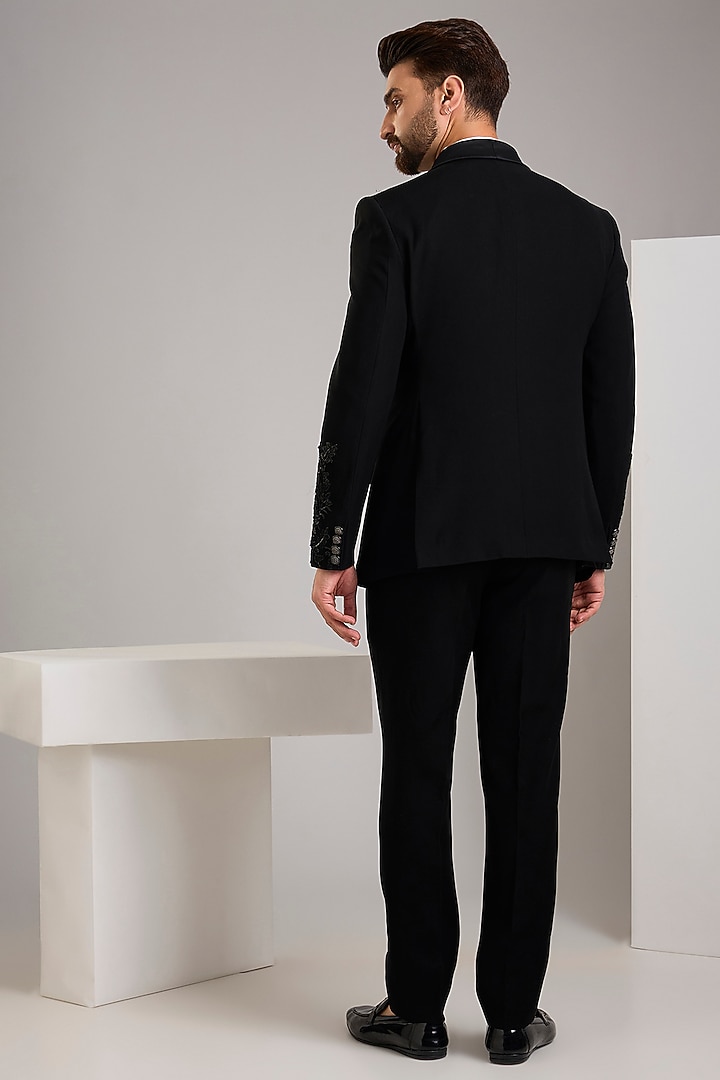 Black Japanese Stretch Fabric Hand Embroidered Tuxedo Set by Zoop Men at Pernia's Pop Up Shop