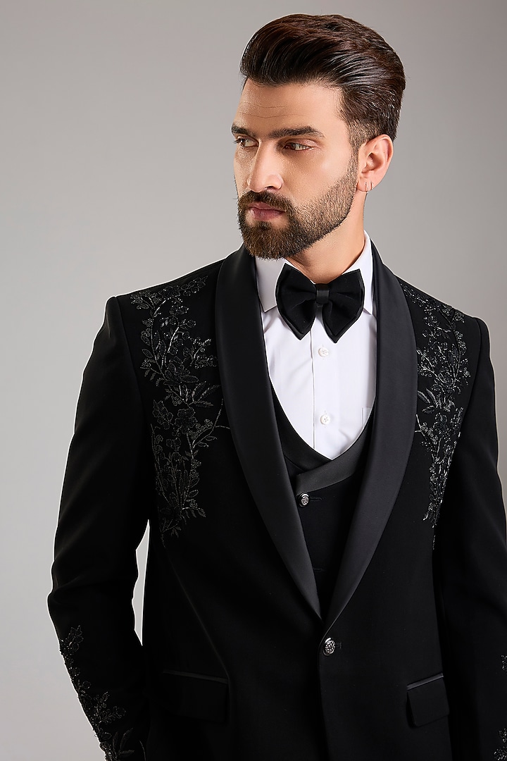Black Japanese Stretch Fabric Hand Embroidered Tuxedo Set by Zoop Men at Pernia's Pop Up Shop