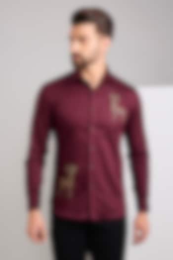 Wine Cotton Satin Hand Embroidered Party Wear Shirt by Zoop Men at Pernia's Pop Up Shop