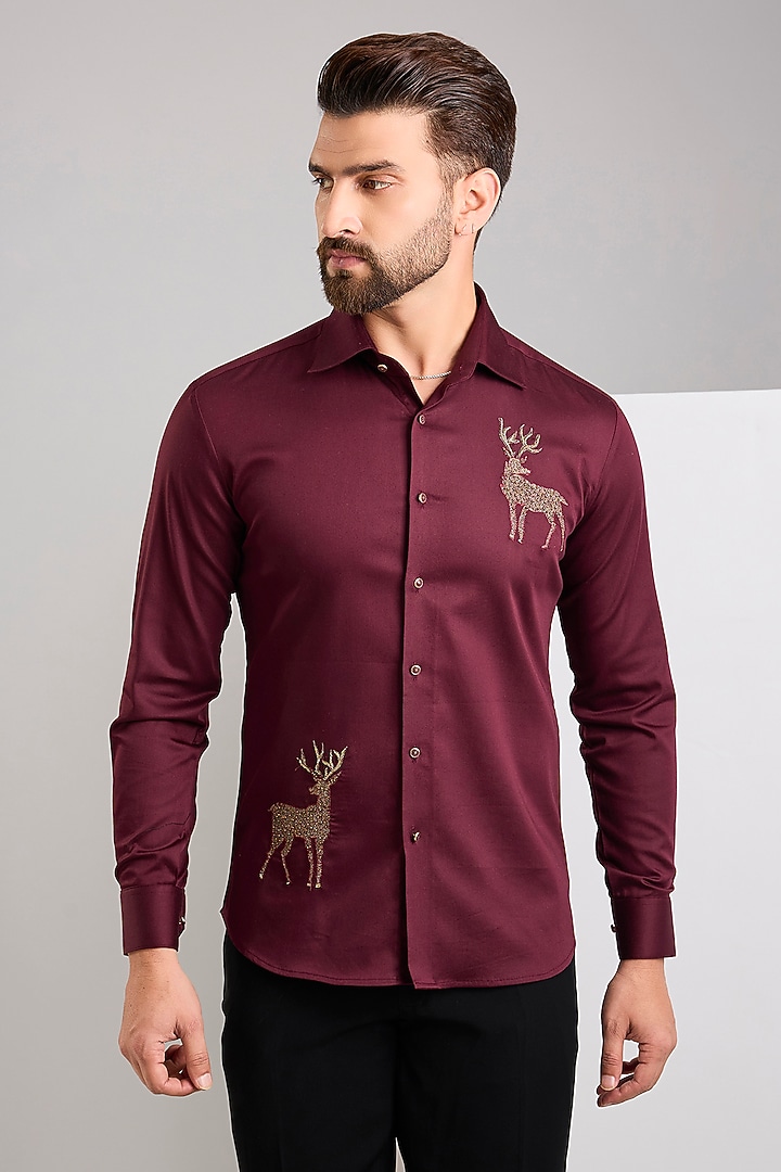 Wine Cotton Satin Hand Embroidered Party Wear Shirt by Zoop Men at Pernia's Pop Up Shop